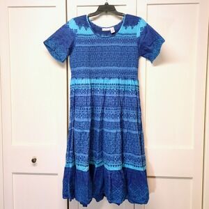 Drapers & Damons Blue Tiered Cotton Maxi Dress Smocked Bodice XL Boho